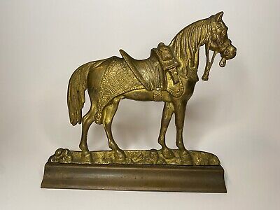 Large English Antique Bronze And Brass Figural Horse Equestrian Doorstop Porter
