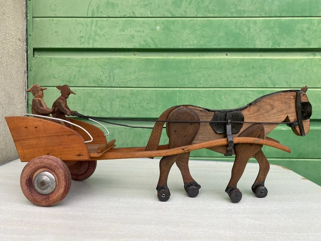 JOUET ANCIEN TOLE ATTELAGE CHEVAL , WAGON , CAVALIER , TÔLE , FRANCE