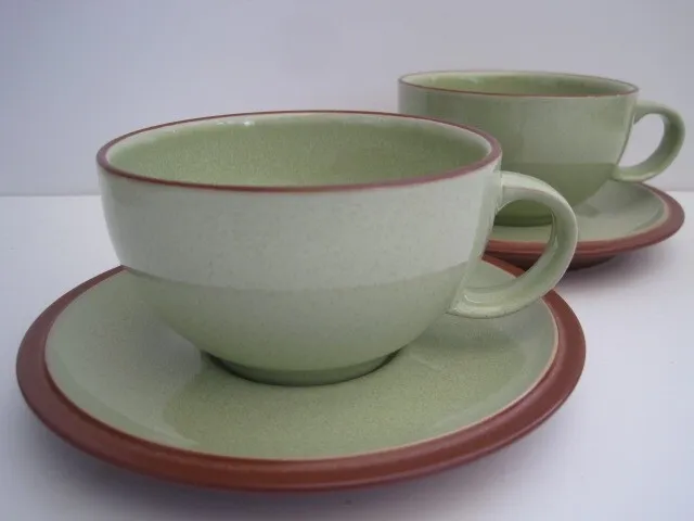 2 x Denby Pottery Stoneware Juice Apple Green Cups and Saucers