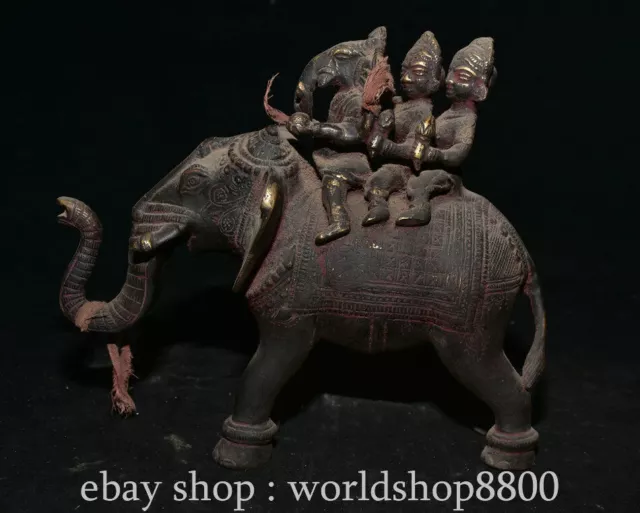 8.4" Old Tibet Purple Bronze Dynasty People Elephant Statue Sculpture