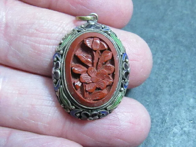 Chinese Export  Silver Enamel Cloisonné Carved Lacquer Cinnabar Pendant
