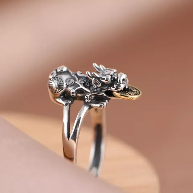 I05 Anello Pixiu Con D'Oro Moneta Portafortuna Argento 925 Regolabile