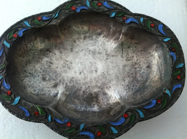 Vintage Small 1000 Silver Hand Hammered Cloisonne Enamel Footed Dish Bowl 4.25x3