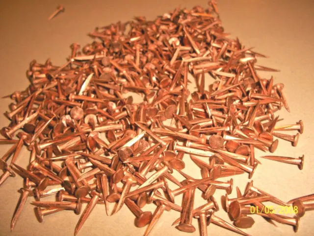 50 VINTAGE 5/8” LONG SOLID COPPER TACKS sharp point's 1/4” WIDE flat head, N.O.S