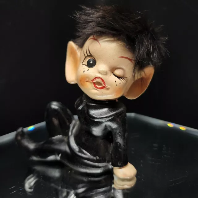 Winking Elf Figurine Furry Hair Pointy Ears DABS Japan 1960s Black Pixie 3