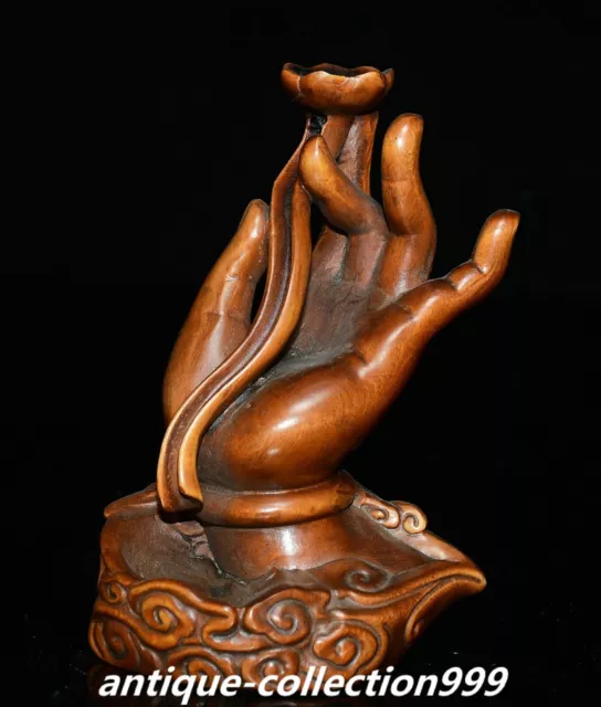 4.3" China Dynasty Boxwood Carve Lotus Flower Ruyi Ru Yi Buddha Hand Statue