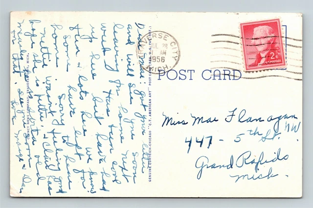Aerial View Traverse City, Lake Michigan, Park Place Hotel Vintage1956 Postcard 2
