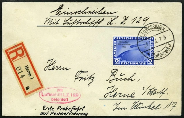 ZEPPELINPOST 1936, 1. Postfahrt, Auflieferung Fr'hafen, Einschreibbrief mit 2 RM