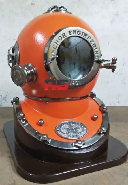 Antique Mark V Orange Diving Helmet US Navy Marine Scuba Divers Helmet  W/Base