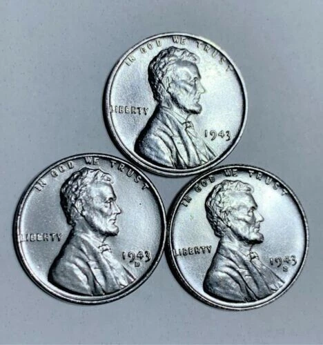 1943 P D S Lincoln Wheat Cent Steel Penny 3 Coin Set Very Nice Looking Coins
