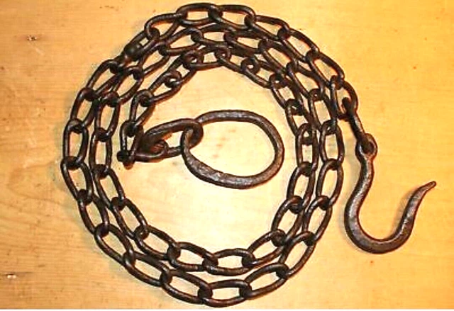 Antique Nautical Wrought Iron Hook on Length of Chain Beam Iron Ring 82 inches