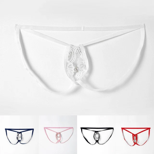 Men's See through Lace Crotchless Thong Underwear with O Ring Hole Sexy Briefs