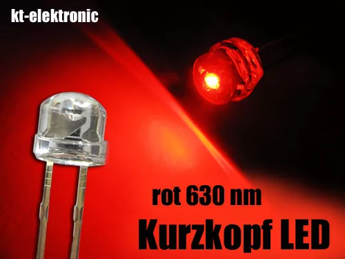 100 Stück LED 5mm straw hat rot, Kurzkopf, Flachkopf 110°