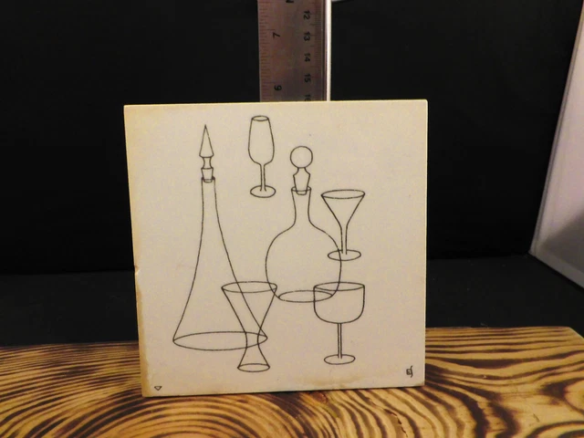 Vintage  6” X 6”  White Ceramic TILE by Wheeling USA The Bottles Kitchen Bar
