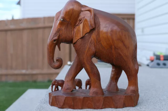 Vintage Wood Carve 4 x Elephant Antique set, made in Thailand, 1970s