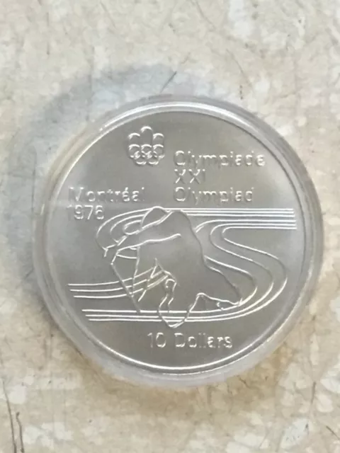 1975 CANADA UK Elizabeth II Olympics Montreal Paddler BU Silver $10 Coin SILVER