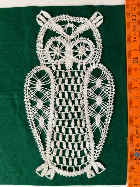 19x10cm Altes geklöppeltes Motiv "Eule Uhu 1" Spitze Handarbeit Klöppelarbeit M5