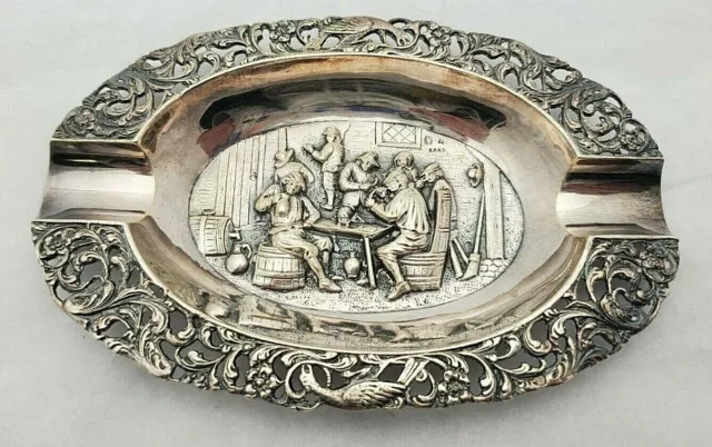 Dutch Holland Silverplate Ashtray Dish w/ Tavern Scene Village Life     #11503