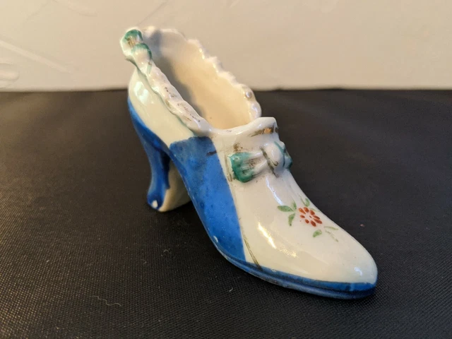 Vintage Hand Painted Ceramic Porcelain Shoe Figurine Japan Blue Bottom