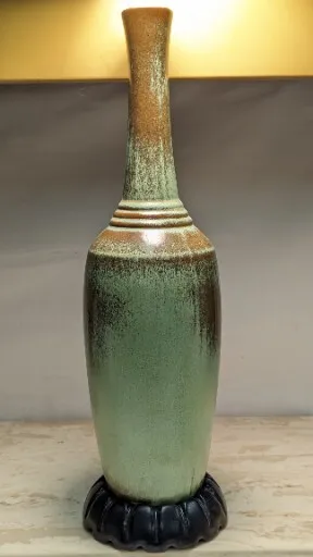 70's Pottery Vase Greecian MCM Style Frankoma Prairie Green Brown Black Base 16"