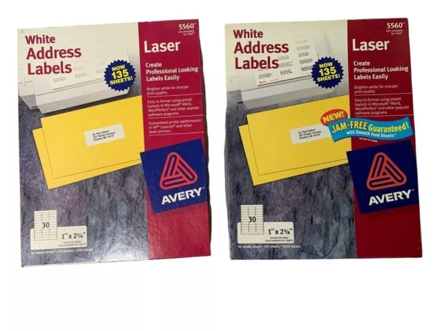 2 Avery white address labels for laser printer #5560 -250 Sheets - 7500 Labels