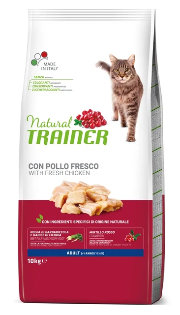 10 Kg Natural Trainer Cibo Secco Adult con pollo fresco per Gatto Croccantini