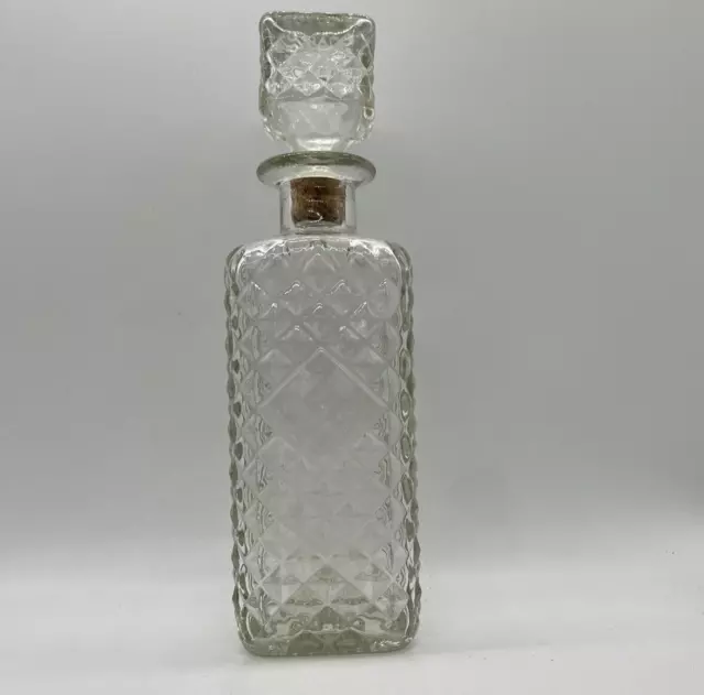 Vtg Clear Glass Liquor Decanter w Cork Stopper Whiskey Square Diamond Cut Glass