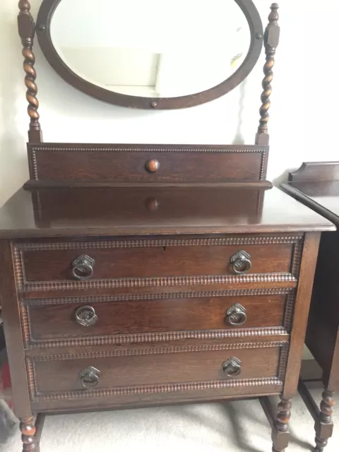 Antique 1920’s Solid Oak Bedroom Suite Wardrobe,Dressing Table & Drawers