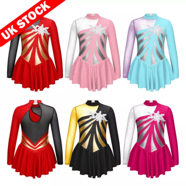 UK Girl Mesh Splice Figure Ice Skating Dress Long Sleeves Ballet Dance Dancewear