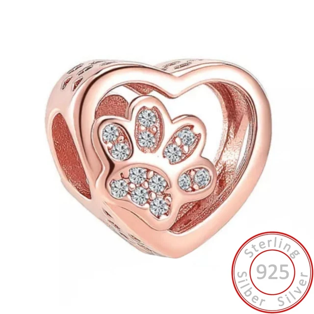 Charms Anhänger Herz Pfote Hund Katze rosegold Charm Armband 925 Sterling Silber