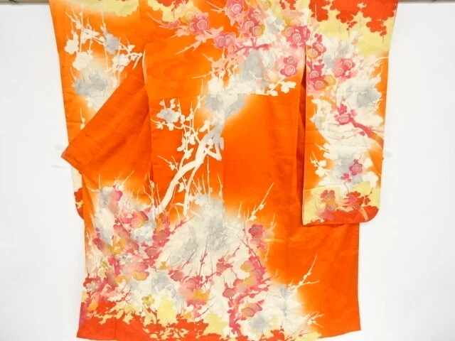 98341# Japanese Kimono / Antique Furisode / Embroidery / Ume