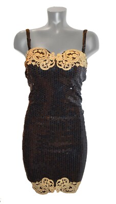 Scott McClintock Vintage 80s Black Sequin Gold Trim Prom Party Formal Dress sz 4