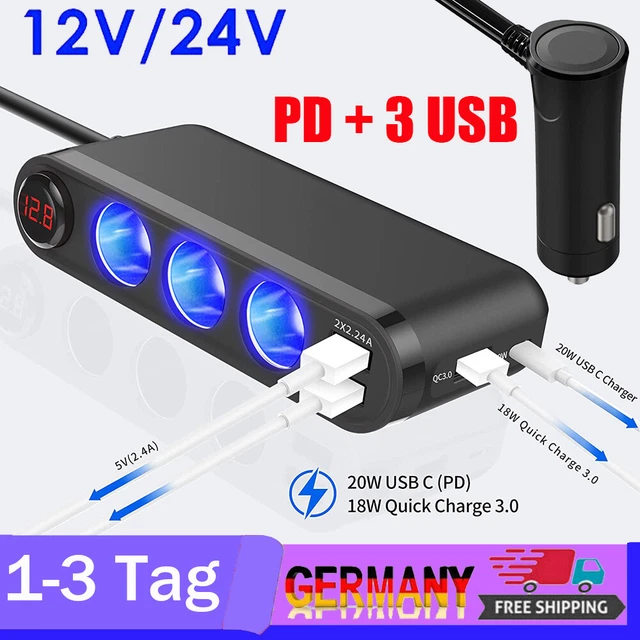 12V/24V LKW Auto KFZ-Adapter 3Fach Zigarettenanzünder Verteiler mit PD & 3 USB