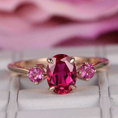 2Ct Oval cut Red Ruby & Pink Sapphire Three Stone Gift Ring 14K Rose Gold Finish