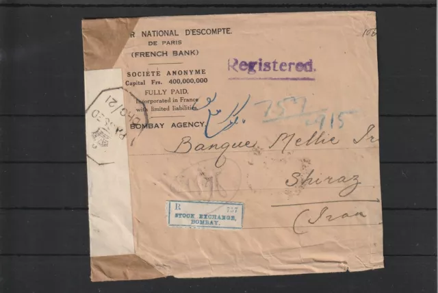 Indien Bankbrief R-Brief Stock Exchange Bombay nach Shiraz, Zensur 1945 #1100526