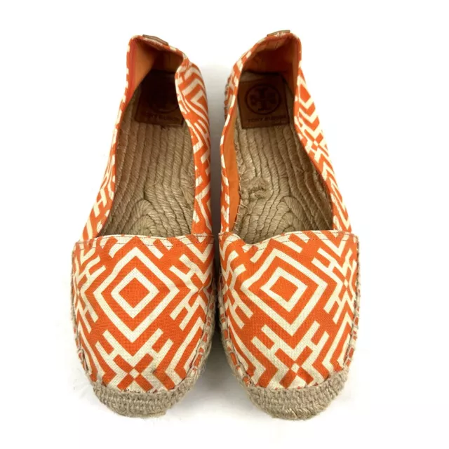 Tory Burch Espadrille Flats 10 Orange White Canvas Slip On Shoes Womens