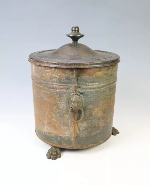 Antique Brass And Copper Coal Bucket with Lion Head Handles and Lion Paw Feet 2