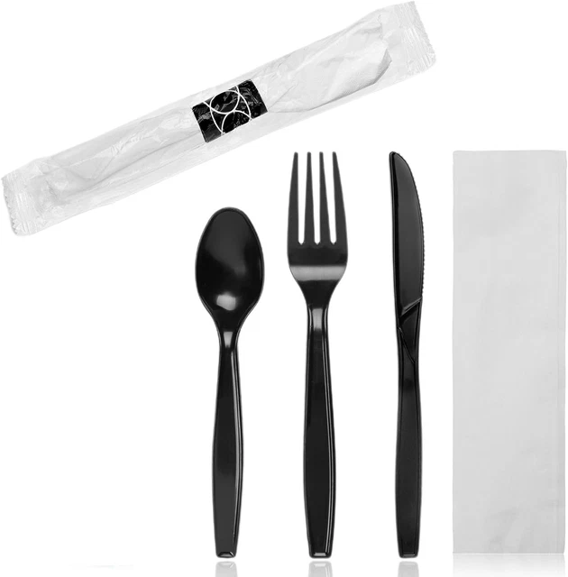 100 Ct Black Plastic Silverware Sets for Parties, Wrapped Plastic Cutlery Set wi