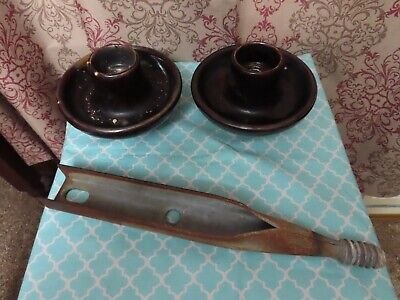 2 Vintage Large Brown Pottery Ceramic Porcelain Insulators with Mounting Pole