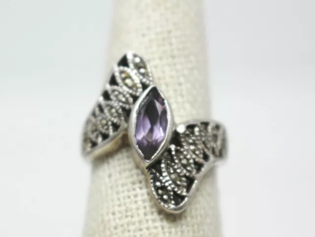 Vintage IBB Sterling Silver Amethyst RING Marcasite Size 6.5 Signed Art Deco