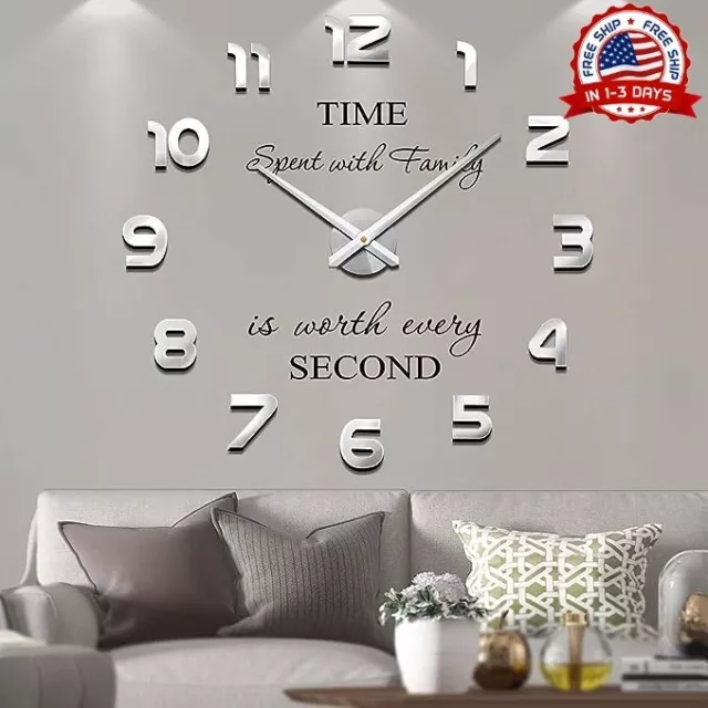 Reloj de pared 3D moderno Decoraciones grandes Decoración para el hogar Plata