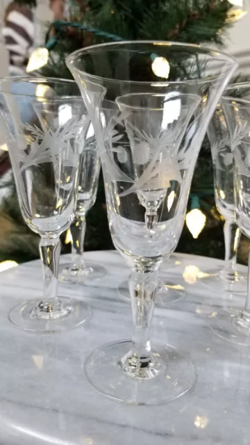 7 Vintage Cordial Lead Crystal Glasses With Etched Designs. Elegant Glass