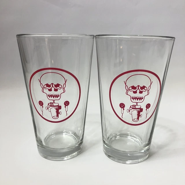 Clear Beer Glasses Skeleton Mixologist Image in Red on Front