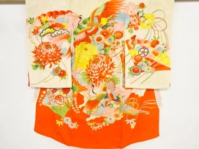 82934# Japanese Kimono / Antique Kimono For Girls / Embroidery / Crane & Kik
