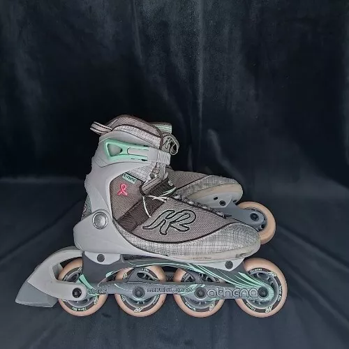 K2 Athena Inline Skates Roller Blades T-Nine Breast Cancer Womens Sz 7 Mint Gray