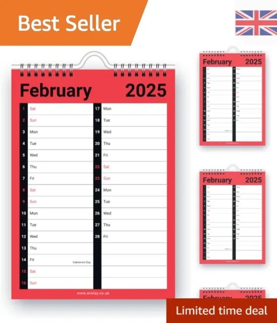 2025 Wall Calendar - A4 Size, 2 Column Month to View Planner for Home & Office