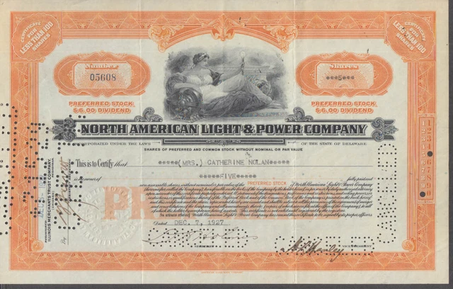 North American Light & Power stock certificate 1927 Five Shares
