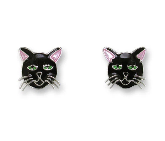 *SALE* New ZARLITE Enamel Post Earrings BLACK CAT Sterling Silver Plated ZARAH