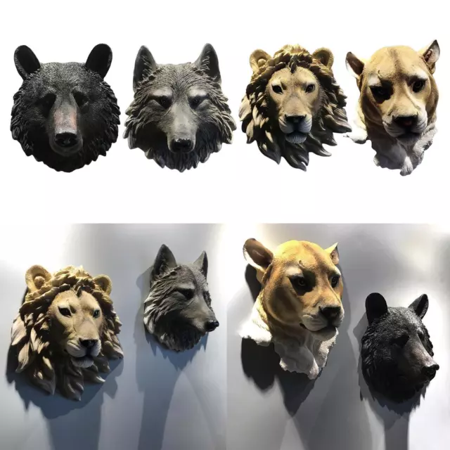 3D Animal Head Wall Mount Statue Bust Resin Figurine Sculpture Bar Crafts