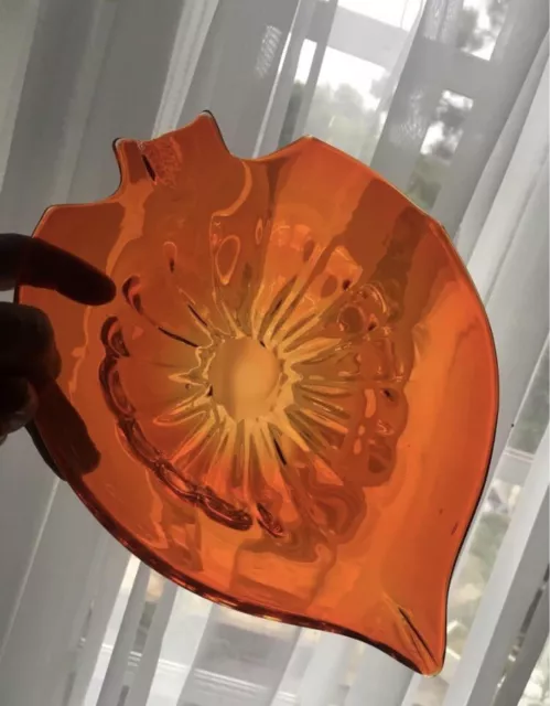 Vintage Daysun Of Japan  Vibrant Orange Art Glass  Leaf Shaped Bowl/Dish